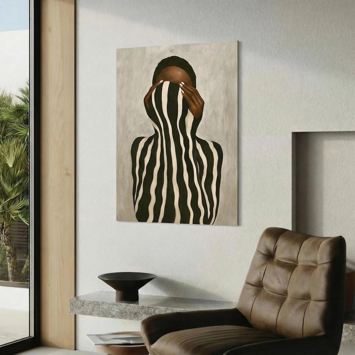Afrocentric Abstract Black Woman Canvas Print | Black & White Stripes Neutral Wall Art