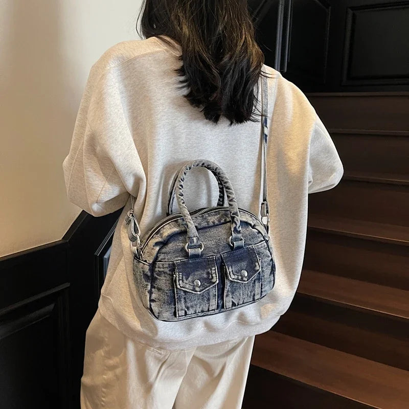 Denim Crossbody Satchel Bag for Women – Vintage Style Small Shoulder Handbag