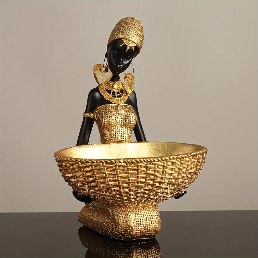 African Lady Resin Figurine | Woven Texture Sculpture in Black & Gold for Living Room & Office Decor