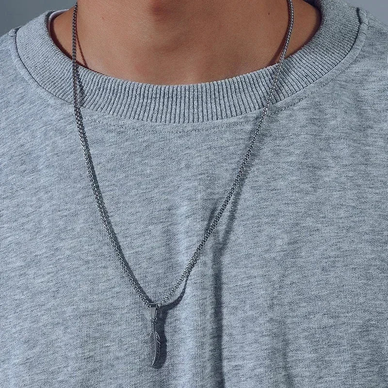 FBA Stainless Steel Feather Hip Hop Pendant Necklace | Men's Chain Jewelry