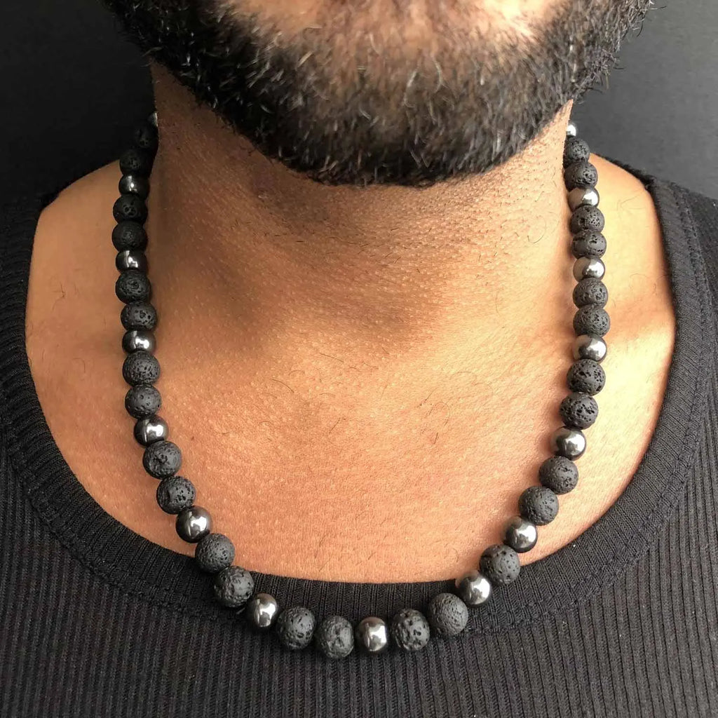 FBA Black Lava Stone Beaded Choker Necklace | Men's Vintage Jewelry