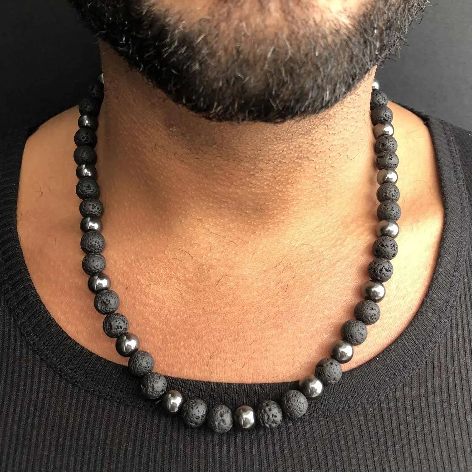 FBA Black Lava Stone Beaded Choker Necklace | Men's Vintage Jewelry