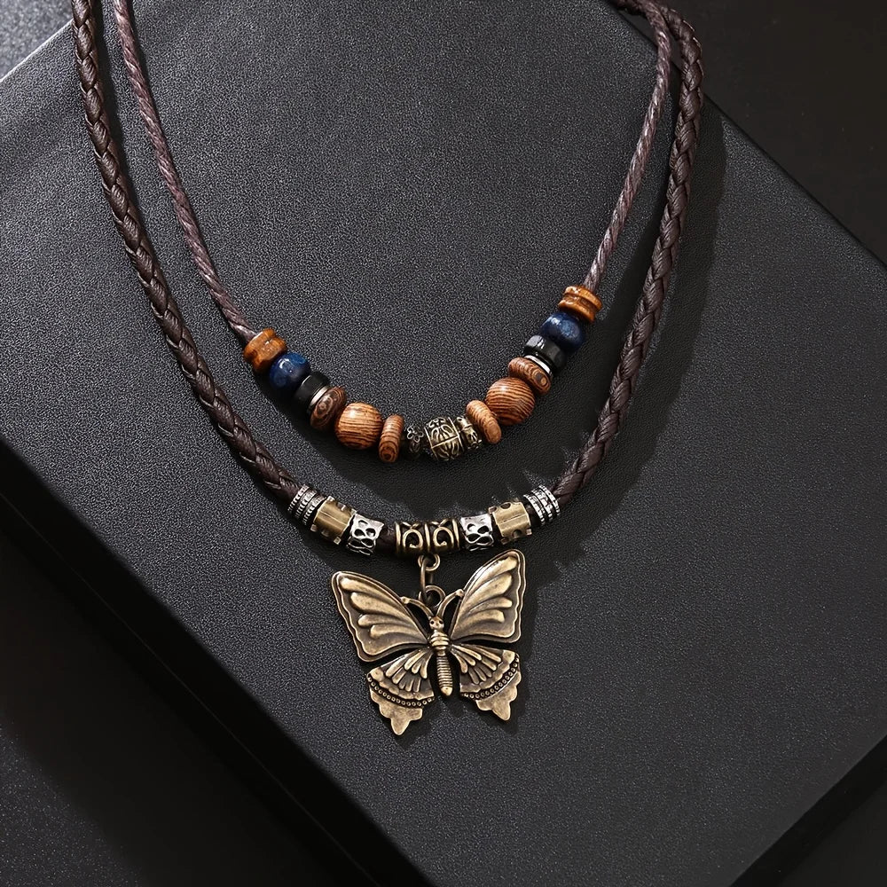 FBA Vintage Butterfly Wood Bead Necklace | Unisex Boho Jewelry