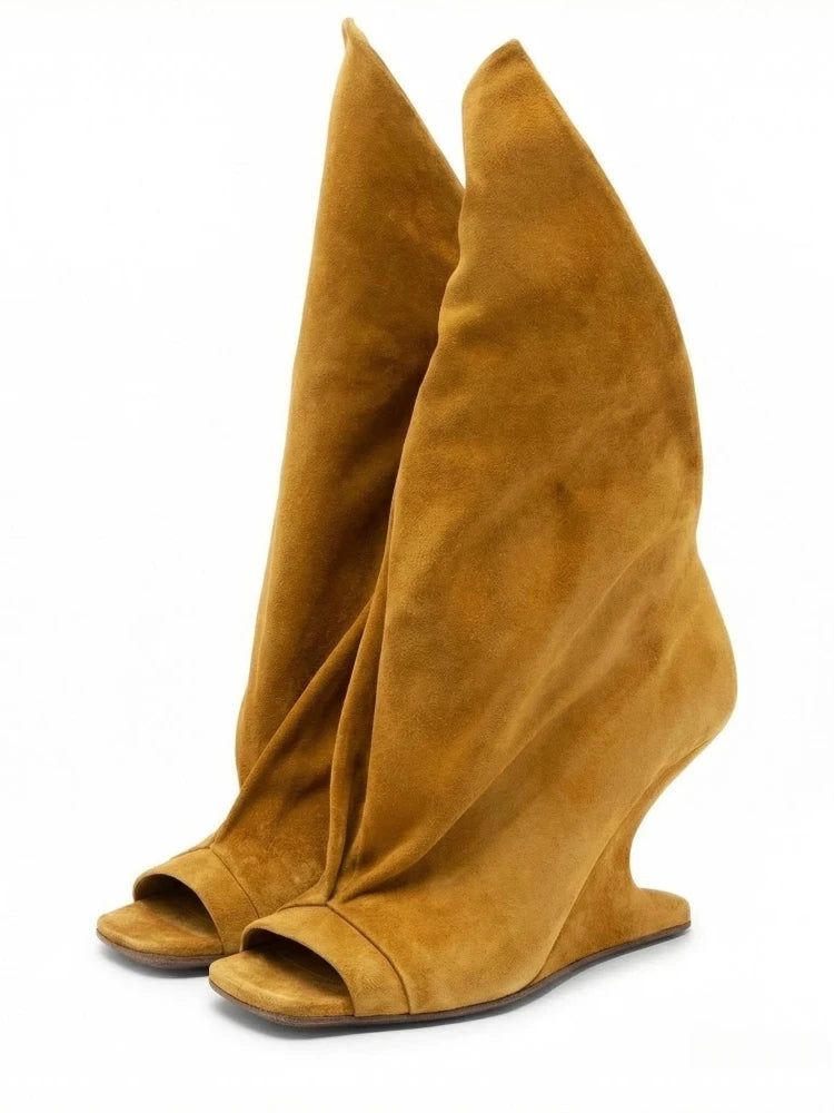 Women's Peep Toe Wedge Boot — Cross Strap, High Heel, Mid-Calf