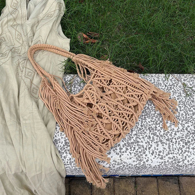 Bohemian Handmade Woven Hollow Tote Beach Bag – Linen Shoulder & Travel Bag for Women