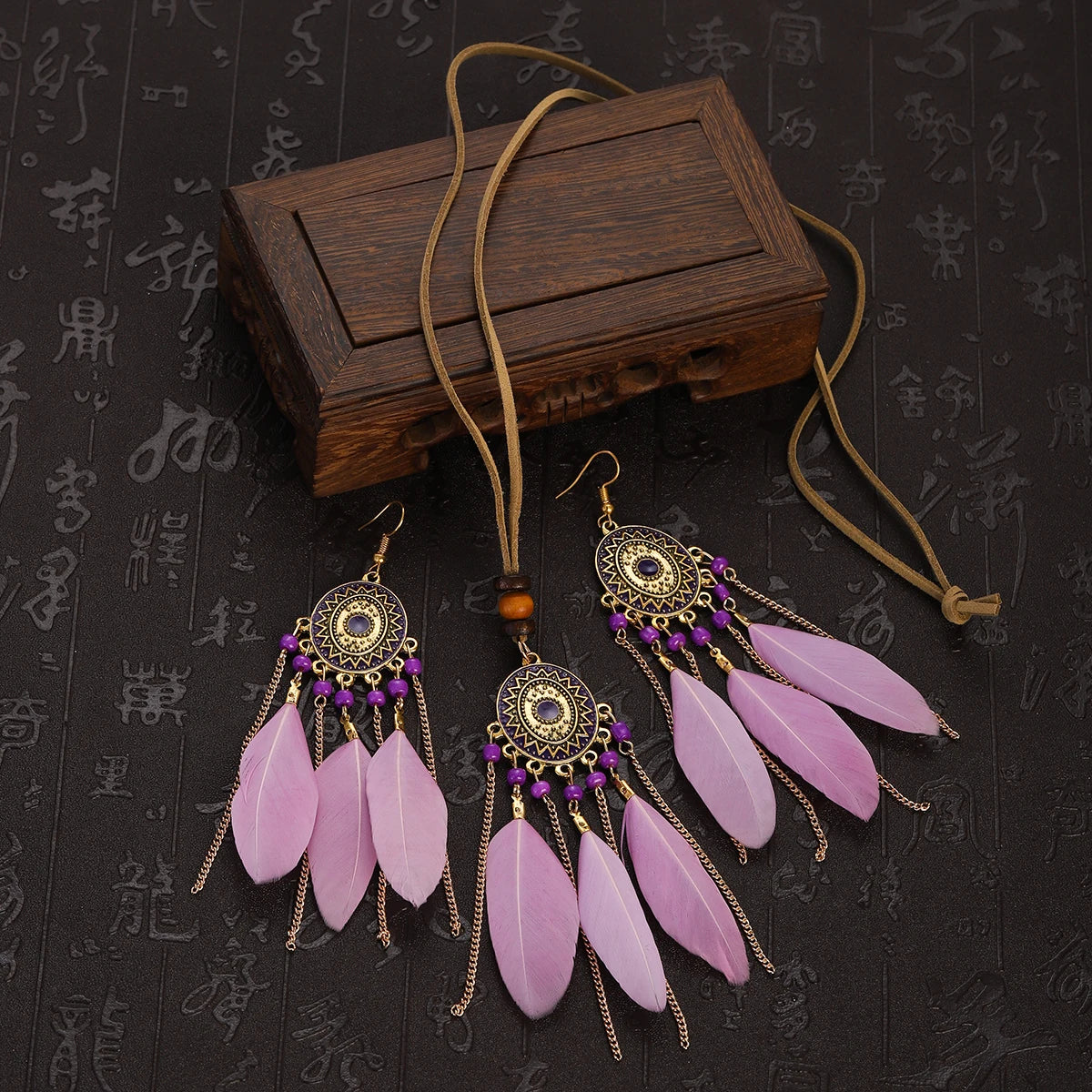 FBA Feather Necklace & Earring Set | Boho Tassel Jewelry