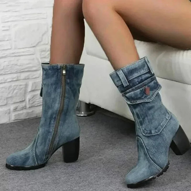 Women's Denim Cowboy Ankle Boot with Square Heel | FBA Vibes