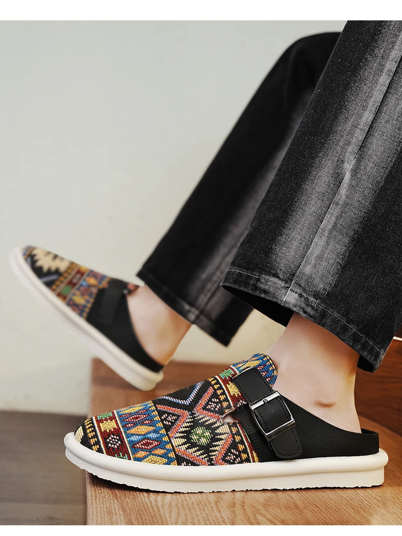 FBA Women's Ethnic Embroidered Linen Slippers | Handmade Comfort Sandals