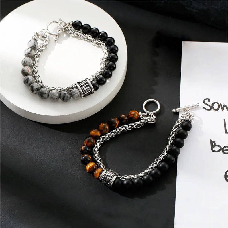 FBA Simple Black Natural Stone Beaded Chain Bracelet | Men's Travel Jewelry