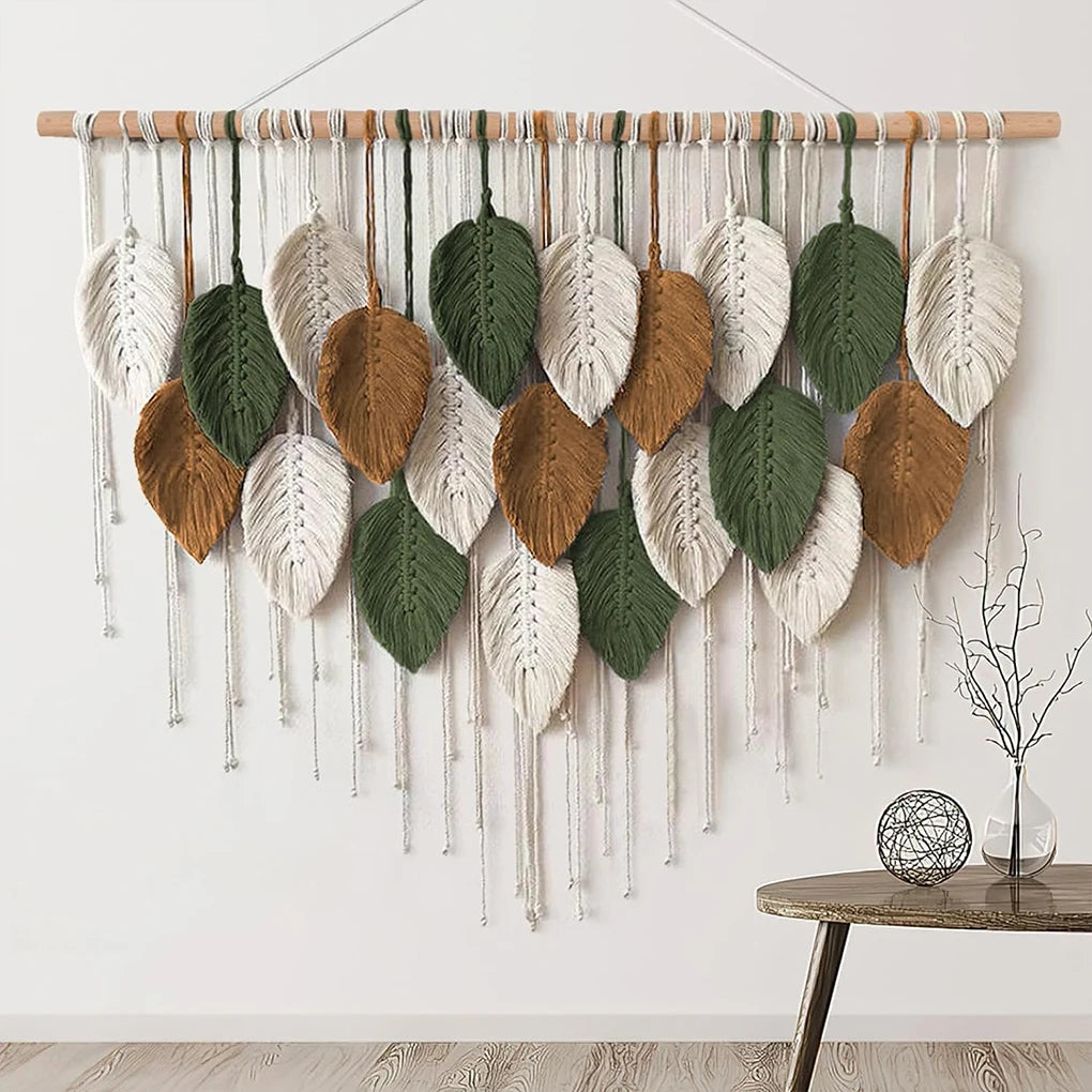 Large Boho Macrame Wall Tapestry | Handwoven Leaf & Feather Wall Art
