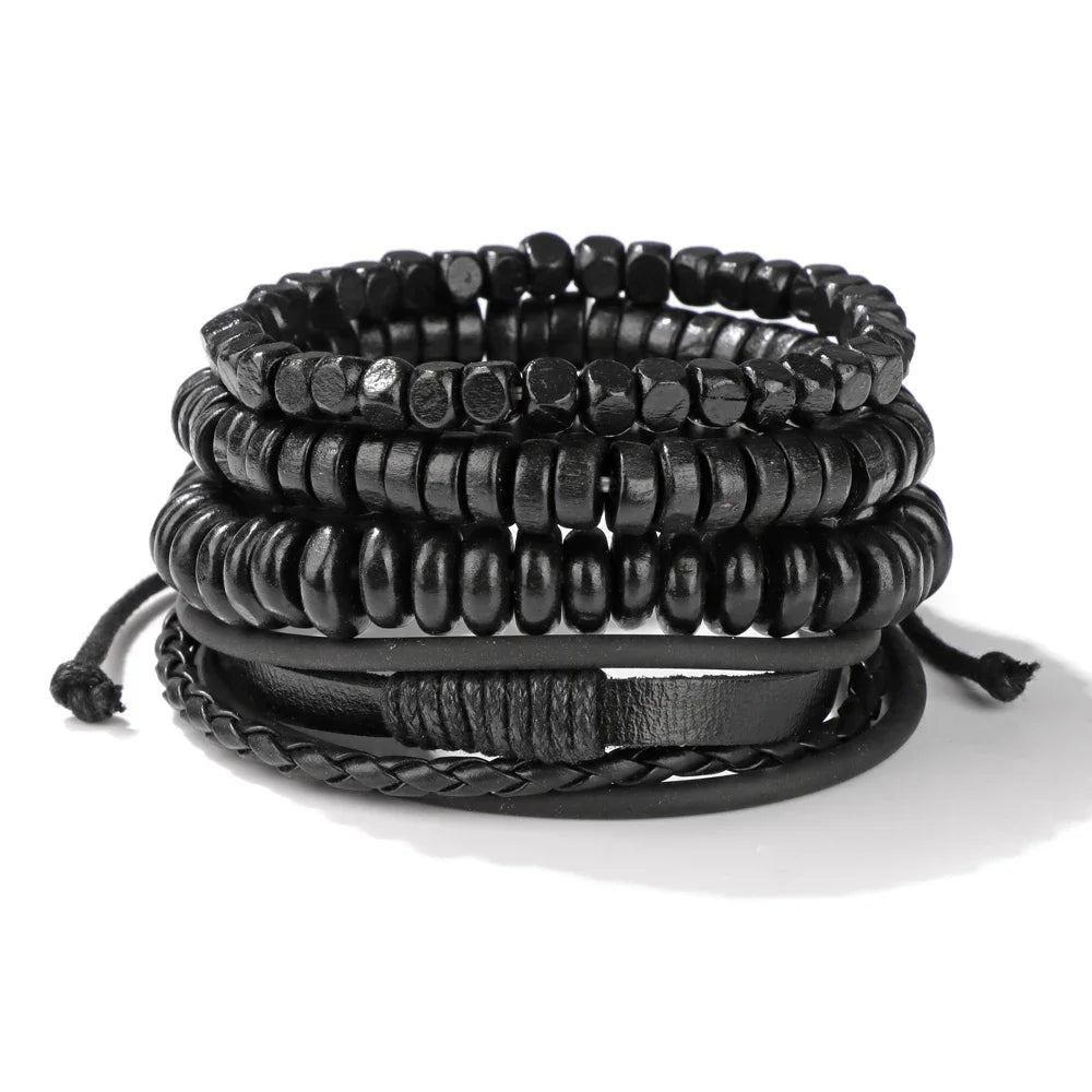 FBA Black Skull Beaded Leather Bracelet for Men | Buddhist Punk Jewelry