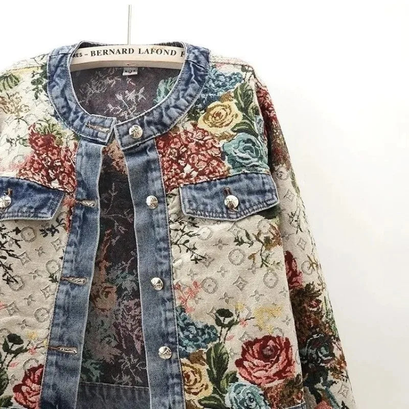 Women's Chinese Retro Jacquard Denim Jacket – Short Round Neck Temperament Coat | S–XXL | FBA Vibes
