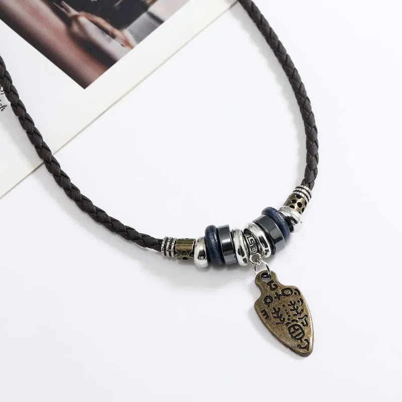 FBA Boho Braided Leather Beaded Necklace | Tribal Charm Pendant Jewelry