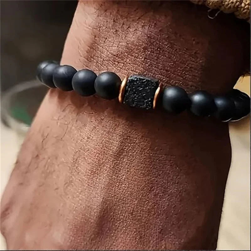 FBA Black Onyx & Lava Stone Elastic Bracelet for Men | Charm Jewelry