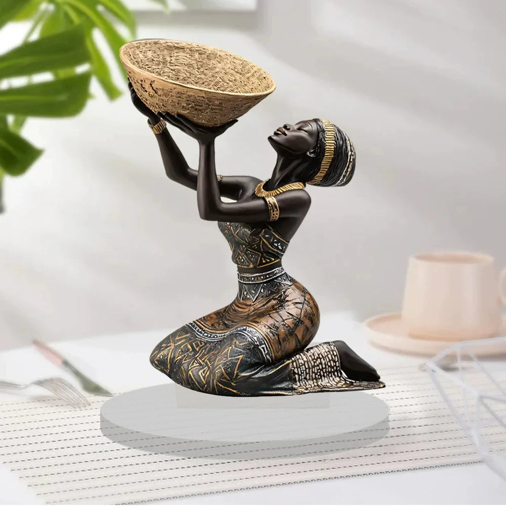 African Woman Kneeling with Basket Acrylic Art Ornament | 2D Flat Decorative Figurine for Home & Desk Decor