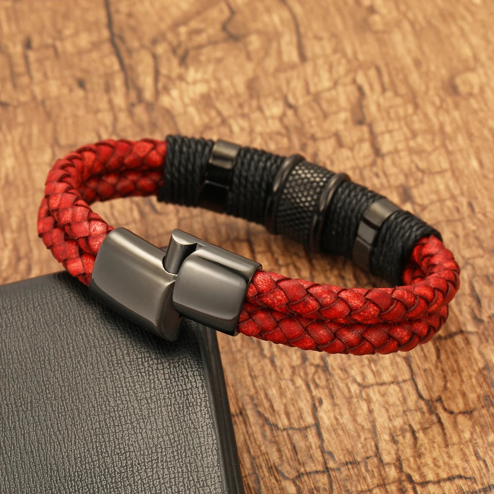 FBA Red Leather Rope Woven Bracelet for Men | Trendy Jewelry