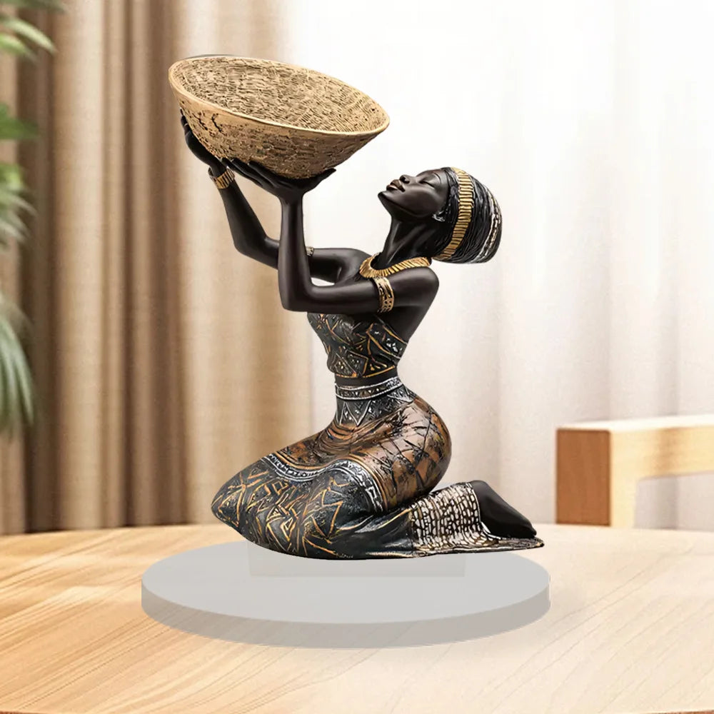 African Woman Kneeling with Basket Acrylic Art Ornament | 2D Flat Decorative Figurine for Home & Desk Decor