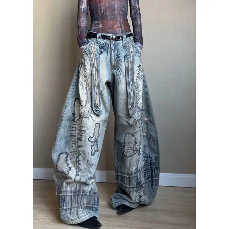 Women's American Retro Distressed Wide-Leg Jeans – High Street Loose Printed Denim Pants | Blue | S–XXXL | FBA Vibes