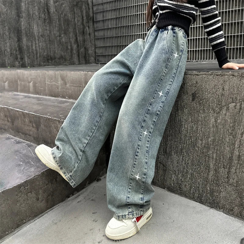 Girls' American Retro Star Graphic Straight Leg Jeans – Kids Hip Hop Streetwear Denim Pants | Blue | Ages 5–14 | FBA Vibes