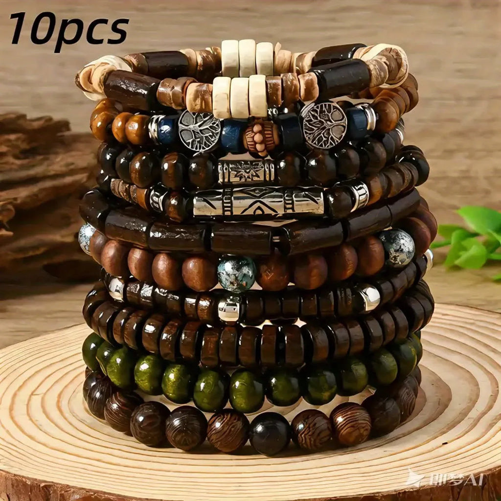 FBA 10-Piece Ethnic Wooden Beaded Bracelet Set | Boho Men's Jewelry