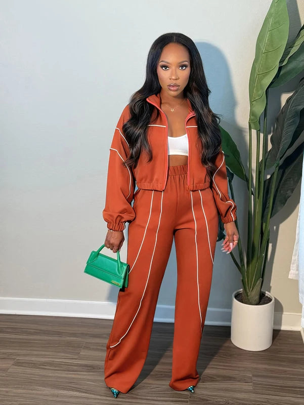 Women's 2-Piece Striped Sport Jogger Set – Stand Collar Zip Jacket & Ankle-Length Pants | FBA Vibes
