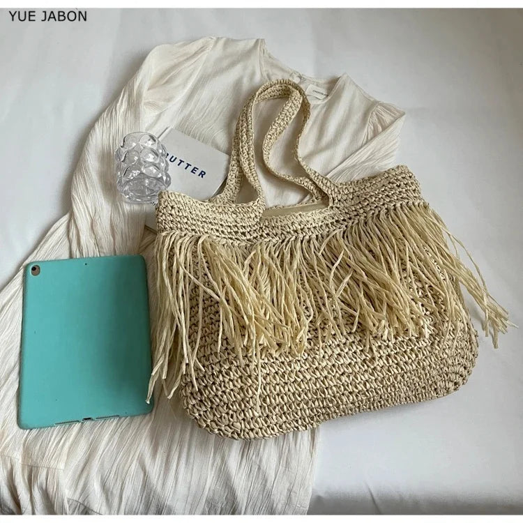 Women Tassel Straw Woven Tote Bag – Handmade Top-Handle Beach Shoulder Bag & Travel Purse