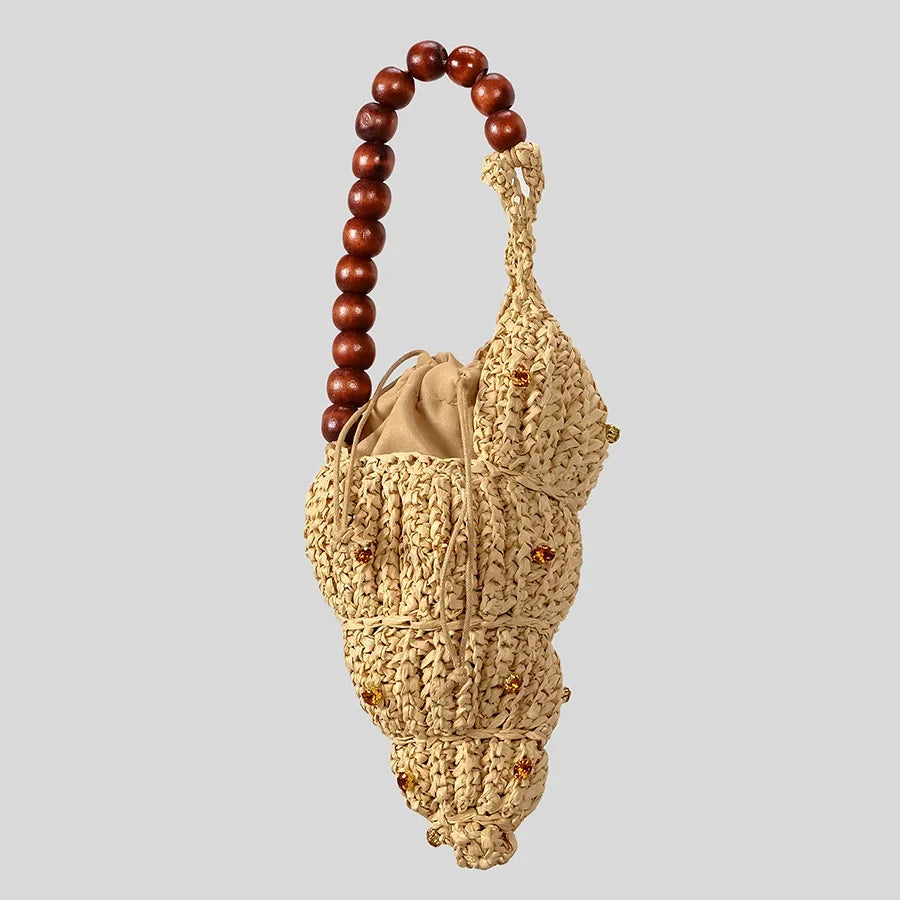 Boho Straw Tote Bag with Wooden Bead Handle – Summer Beach Shoulder Purse & Vacation Gift