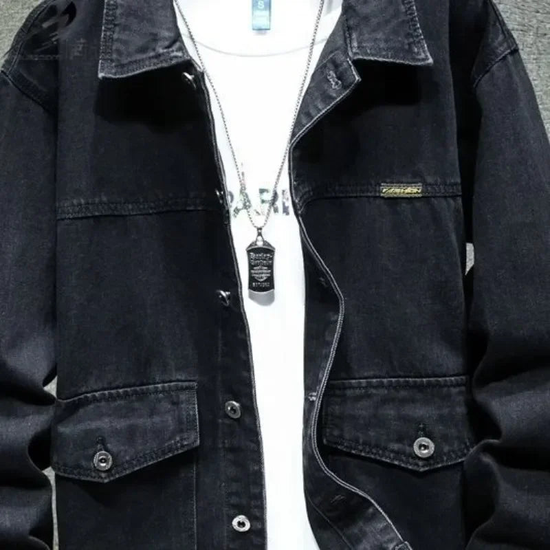Men's Cargo Denim Jacket – Korean Style Patchwork Jean Coat | Blue & Black | M–5XL | FBA Vibes