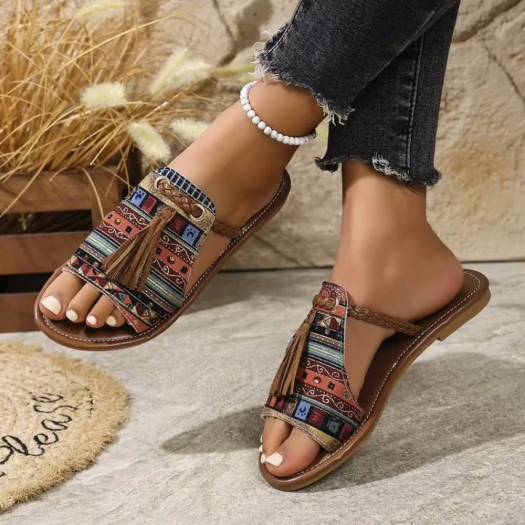 FBA Women's Ethnic Style Round Head Slides | Plus Size Beach Slippers