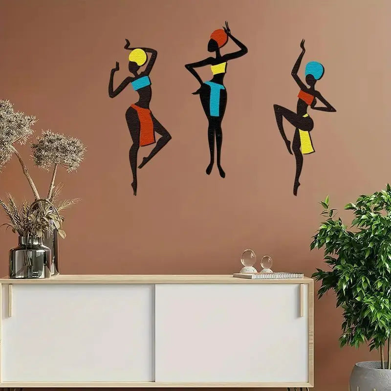 African Metal Wall Art Set of 3 | Ethnic Dance Silhouette Iron Wall Sculpture for Living Room