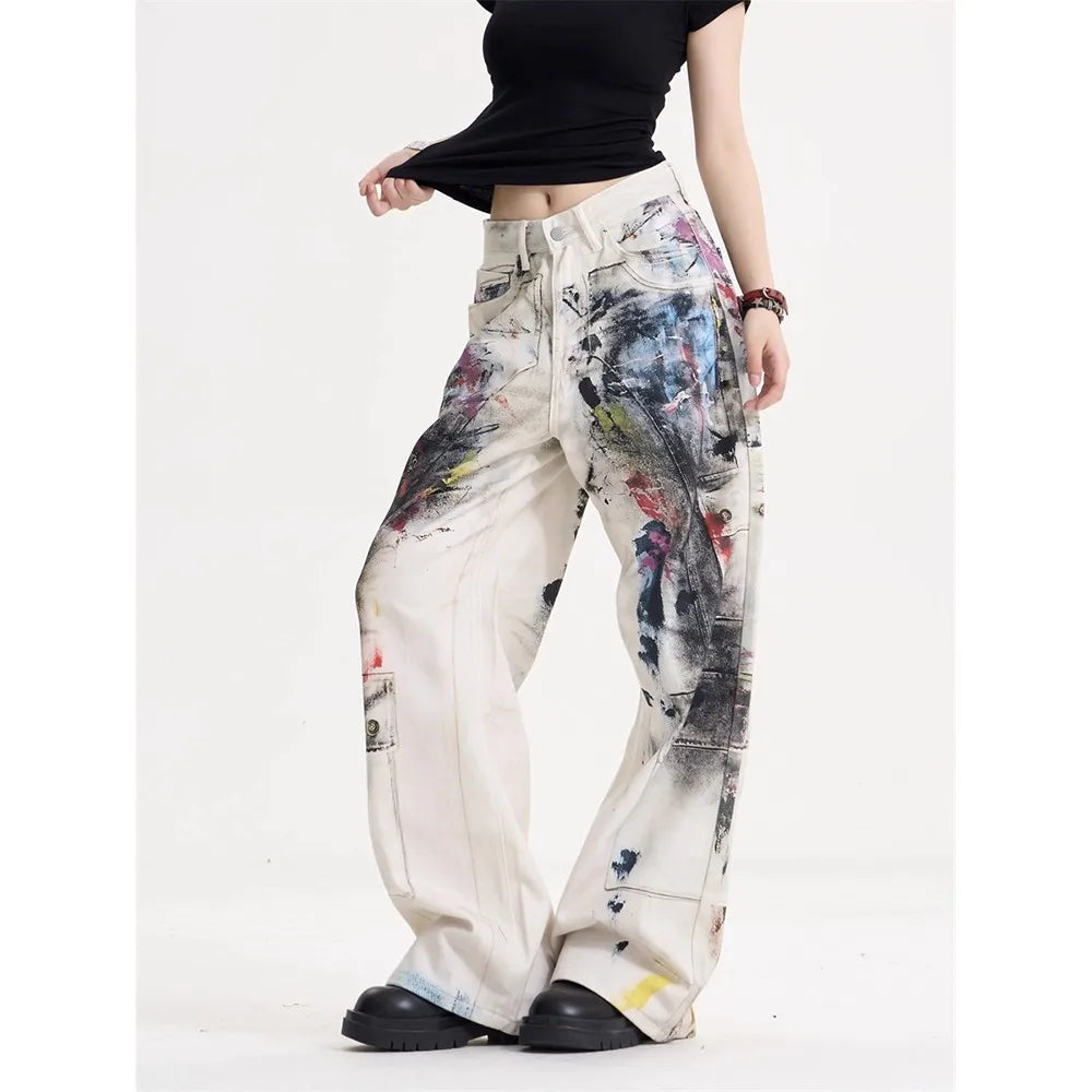 Women's Retro Graffiti Wide-Leg Jeans – High Street Hip Hop Loose Denim Pants | White | S–XXL | FBA Vibes