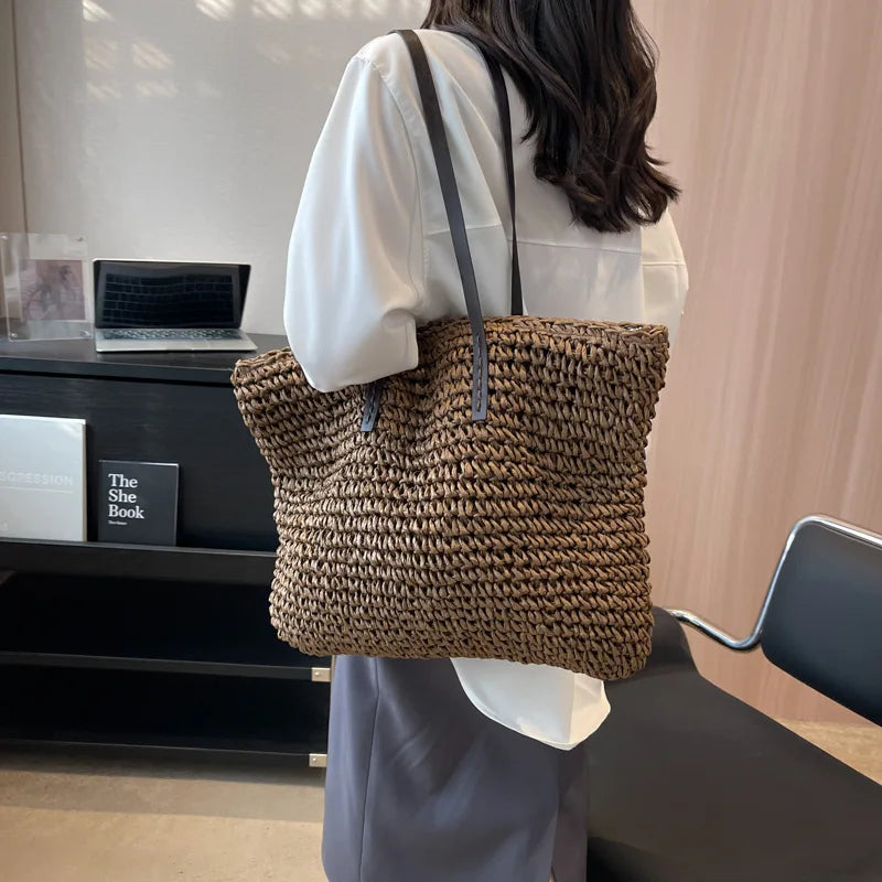Casual Straw Woven Bucket Tote Bag for Women – Large Capacity Beach & Shopping Shoulder Bag