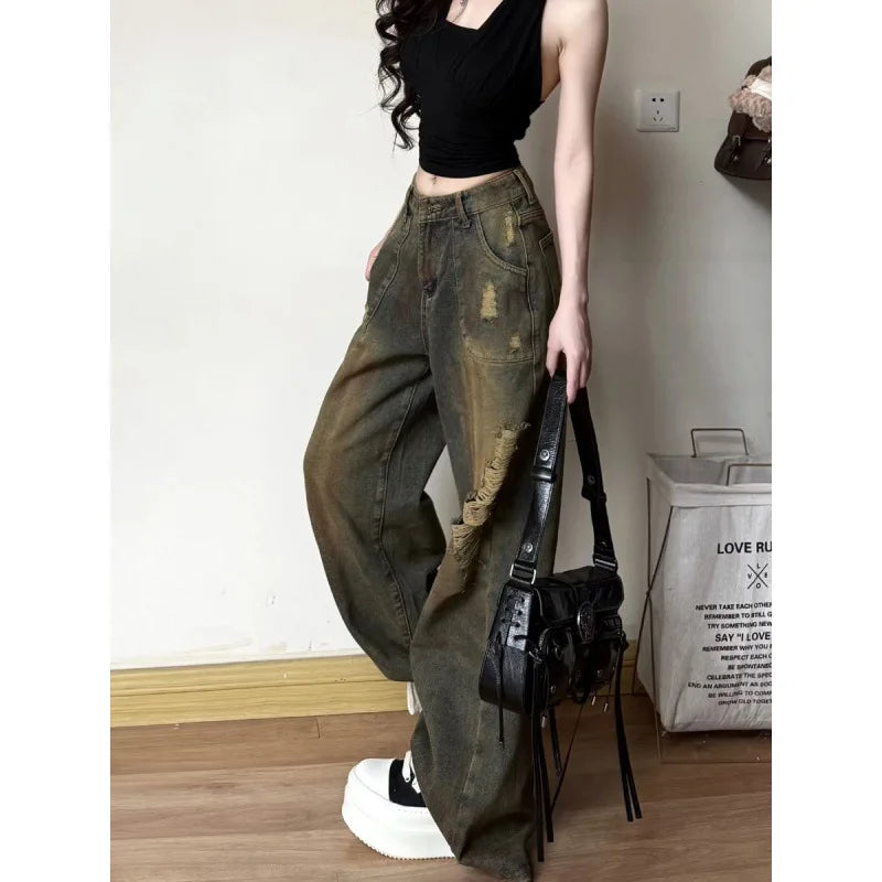 Women's American Retro High Waist Ripped Hole Wide-Leg Straight Jeans – Tie-Dye Loose Casual Denim | Retro Blue | XS–XL | FBA Vibes