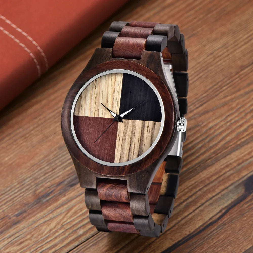 FBA Men's Double Color Plaid Wood Watch | Business Casual Wooden Wristwatch