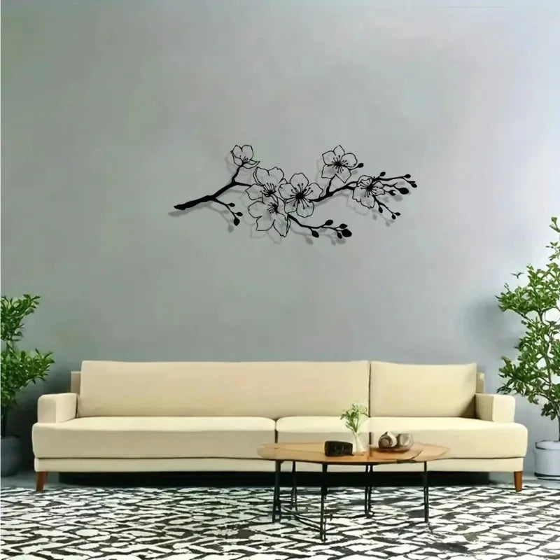 Black Cherry Blossom Metal Wall Art | Modern Iron Wall Decor for Living Room