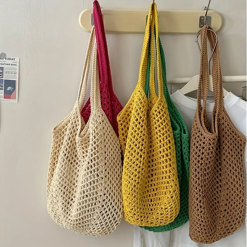 Women's Casual Large Capacity Woven Open-Top Beach Tote – Breathable Adjustable Strap Shoulder Bag