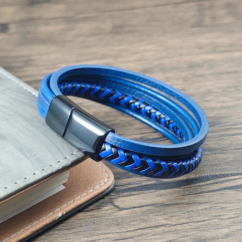 FBA Men's Multilayer Blue Leather Stainless Steel Bracelet | Luxury Jewelry