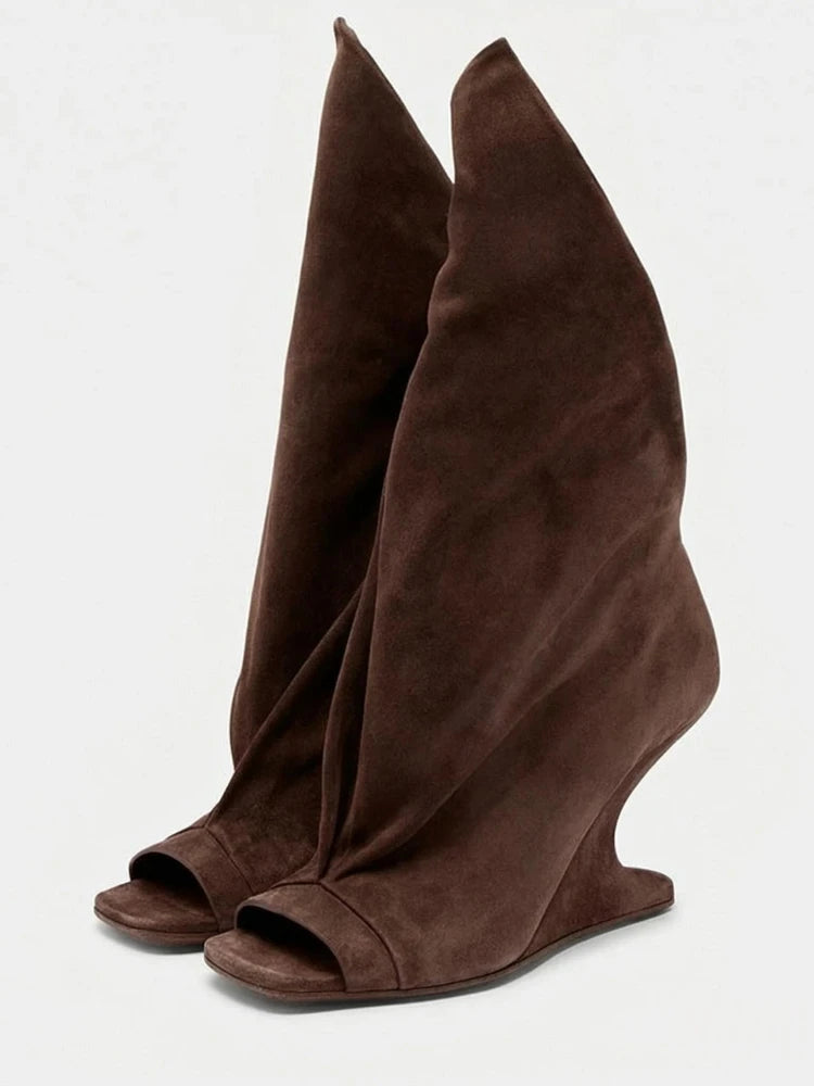 Women's Peep Toe Wedge Boot — Cross Strap, High Heel, Mid-Calf