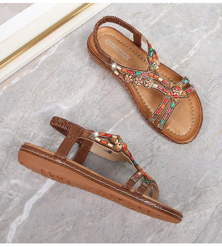FBA Women's Rhinestone Bohemian Hollow Flat Sandals | Summer Casual Shoes