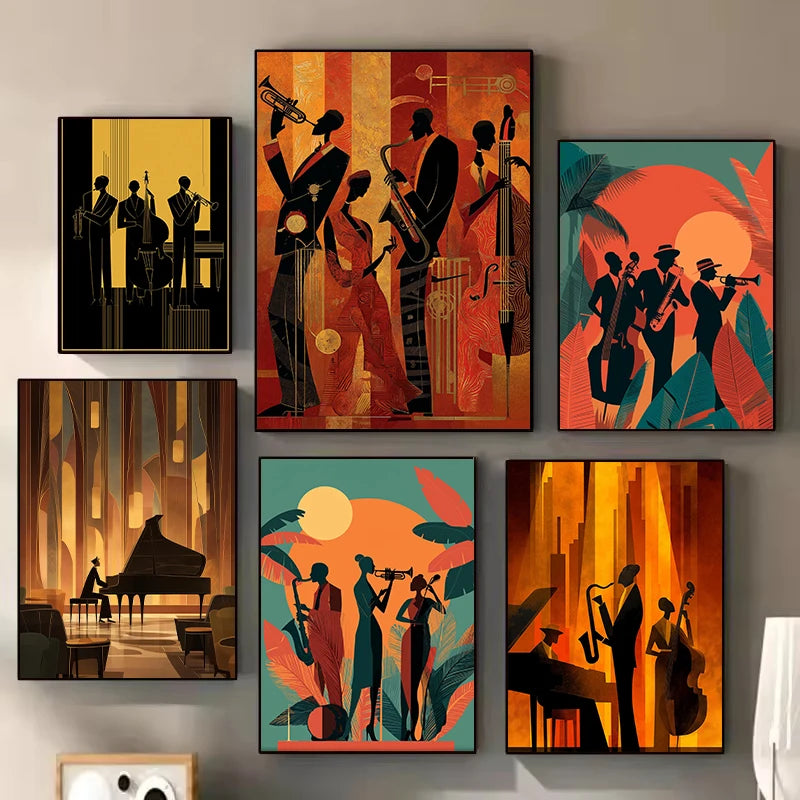 Retro Jazz Band African Musician Canvas Print – Art Deco Wall Art for Home Bar & Living Room
