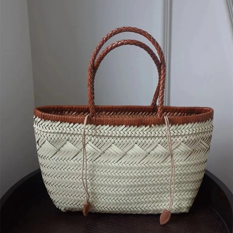 Vintage Hobo Manual Woven Genuine Leather Tote Bag – Hollow-Out Basket Shopping Bag for Women