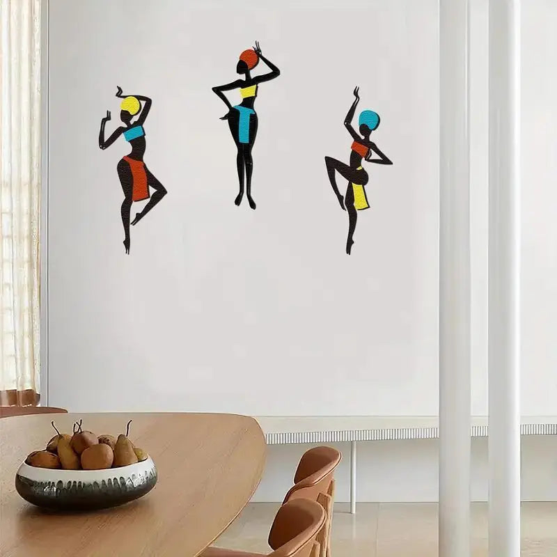 African Metal Wall Art Set of 3 | Ethnic Dance Silhouette Iron Wall Sculpture for Living Room