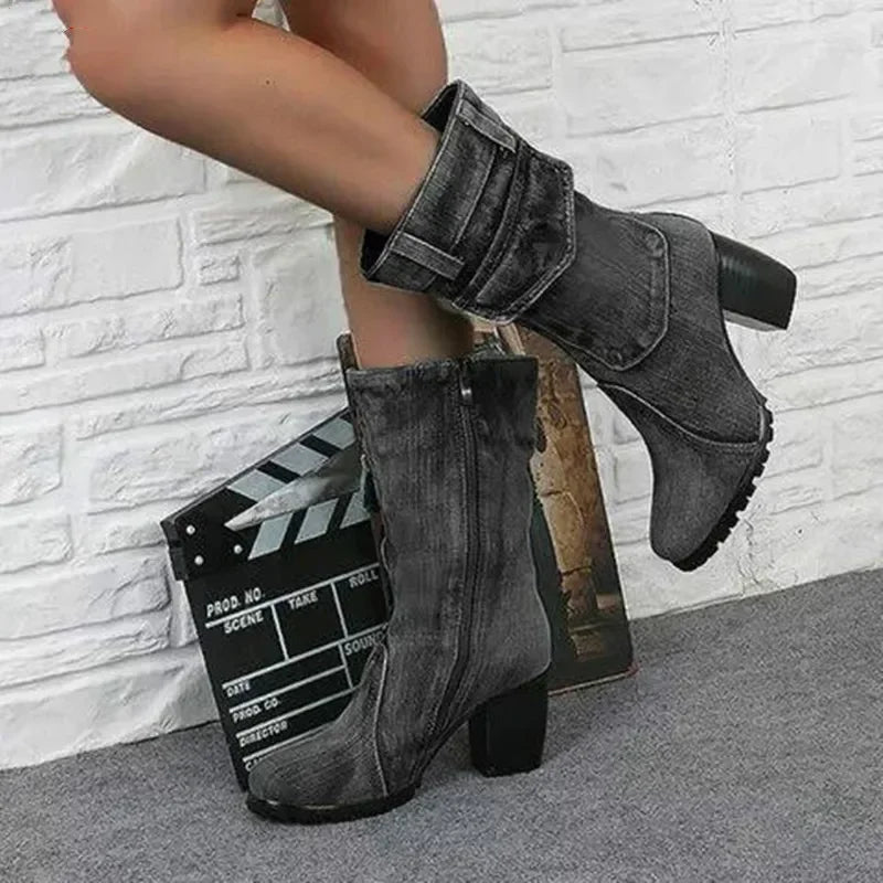 Women's Denim Cowboy Ankle Boot with Square Heel | FBA Vibes
