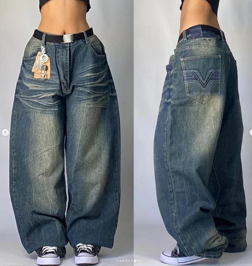 Women's American Harajuku Retro High Waist Baggy Wide-Leg Jeans – Y2K Gothic Streetwear Washed Denim | Multiple Colors | S–XXL | FBA Vibes