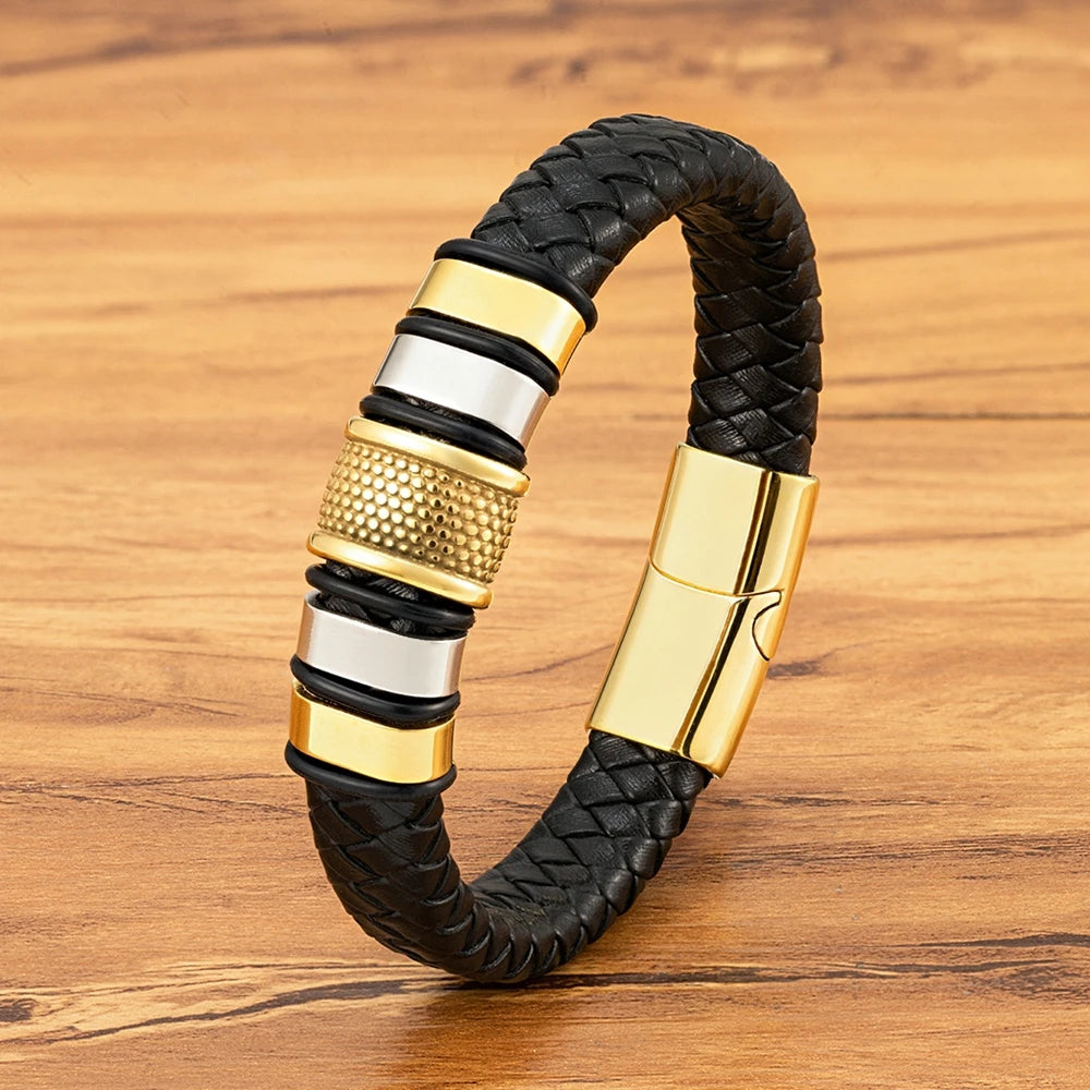 FBA Men's Stainless Steel Beaded Leather Rope Bracelet | Charm Jewelry Gift