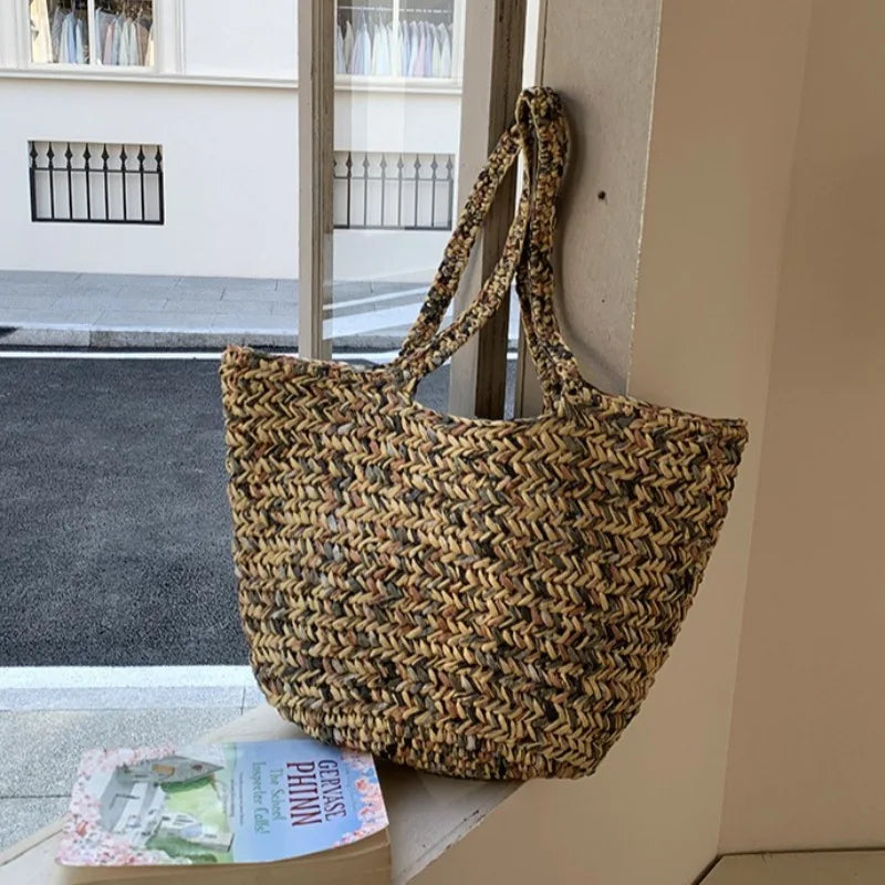 Handwoven PP Grass Straw Beach Tote Bag – Large Capacity Bohemian Travel Bag