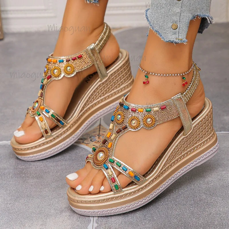 FBA Women's Beaded Bohemian Platform Sandals | Open-Toe Beach Shoes