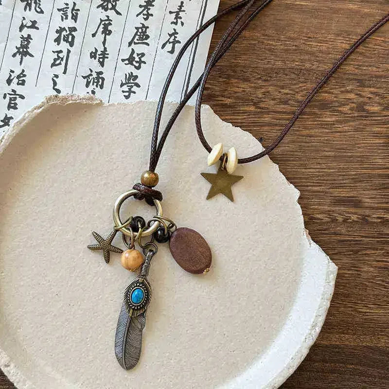 FBA Star Feather Leather Pendant Necklace | Retro Art Jewelry