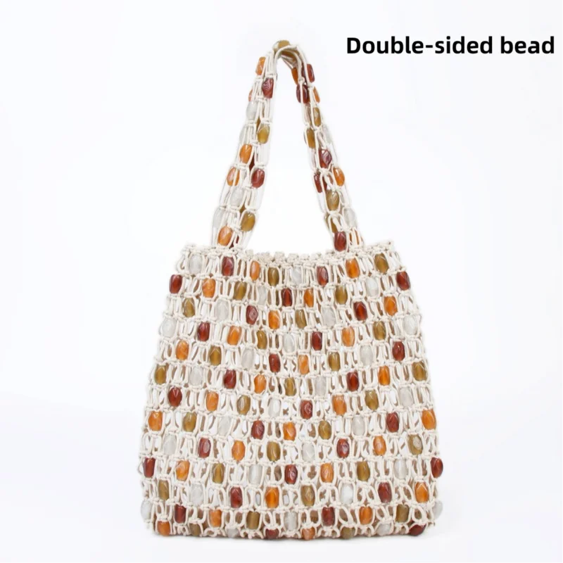 Hand-Woven Beaded Tote Bag with Wooden Handle – Boho Hollow-Out Knitted Beach Handbag