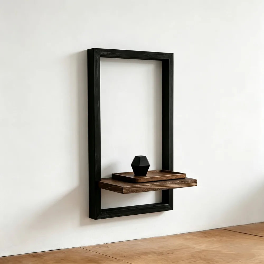 Black Frame Wooden Floating Wall Shelf | Rectangle Display Rack for Candles, Plants & Photos